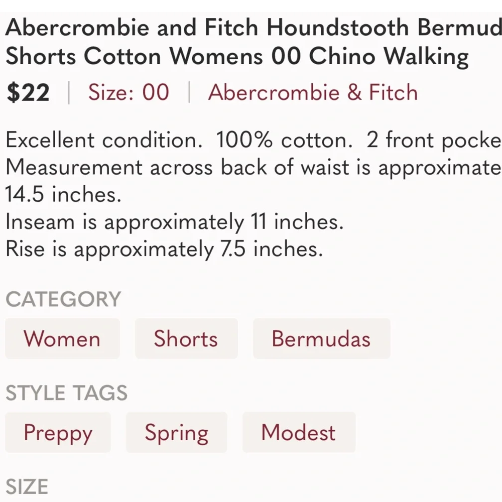 Abercrombie and Fitch Houndstooth Bermuda Shorts Cotton Walking Womens 00